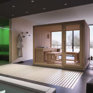 WOODEN SAUNA, PANORAMIC GLASS WINDOW AND INFRARED PANELS