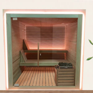 CABINA SAUNA IN LEGNO DI OKUME' E VETRATA PANORAMICA