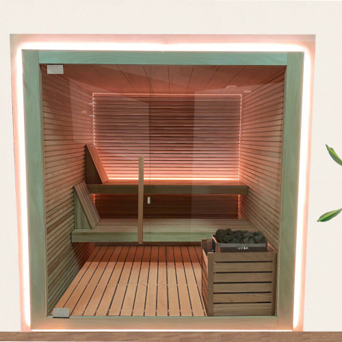 CABINA SAUNA IN LEGNO DI OKUME' E VETRATA PANORAMICA