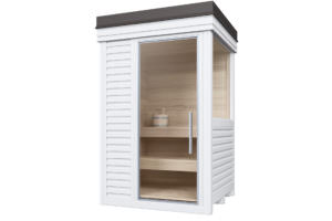 SAUNA IN LEGNO DI ABETE FINLANDESE RIVESTITA CON SMALTO CHE RESISTE AI FENOMENI ATMOSFERICI