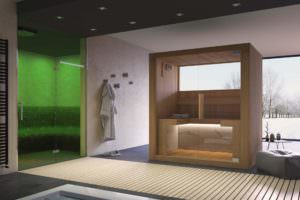 SAUNA IN LEGNO DI PERO E ALLUMINIO CON VETRATA PANORAMICA
