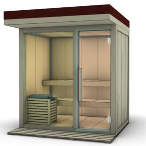 SPA OUTDOOR MOD. SPATIUM SAUNA DA ESTERNO IN LEGNO DI ABETE, VETRATA PANORAMICA E VERANDINA