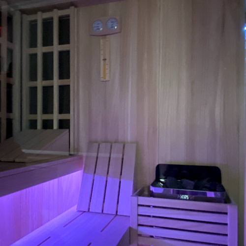 PARTICOLARI INTERNI SAUNA CON PANNELLI INFRAROSSI E STUFA