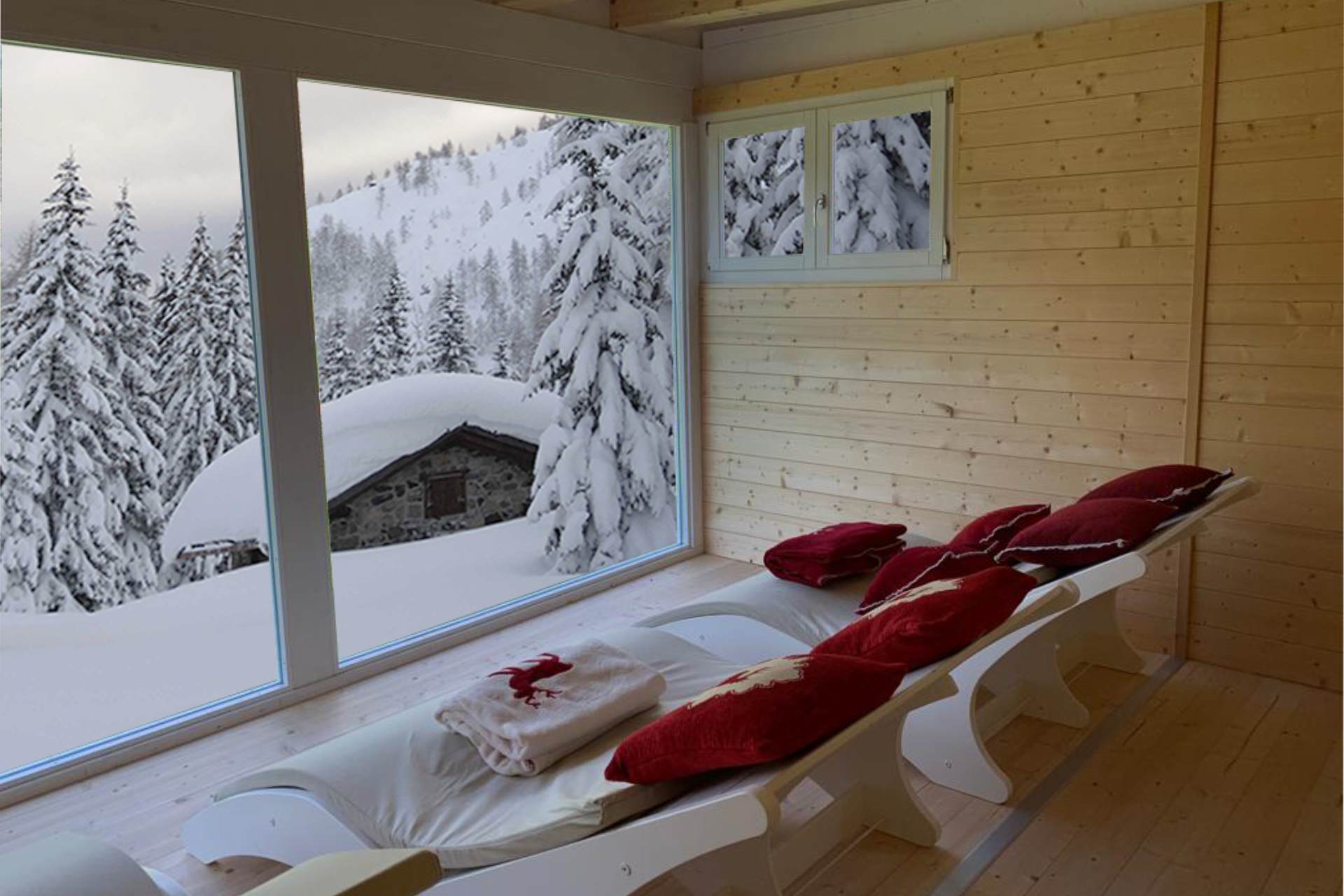 FOTO DI INTERNO DI CASETTE OUTDOOR CON VISTA NEVE